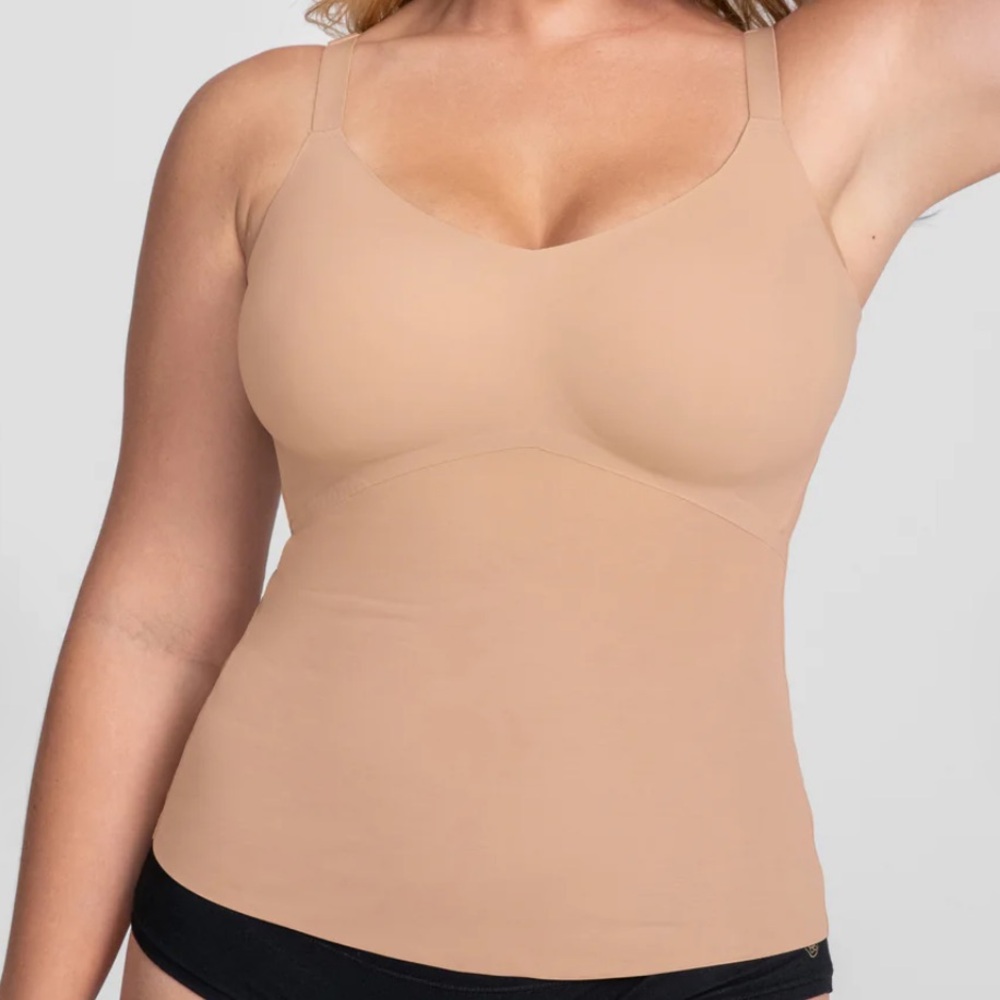 Honeylove L Liftwear Cami Shapewear Wireless Tank Top Smooth Boned Tan Logo
